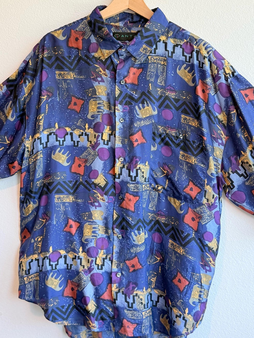 100% Silk 90s Short Sleeve Button Down Shirt Geometric Blue XL Antana